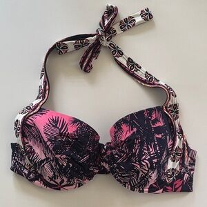 Tommy Bahama Pink & Black Tropical Halter Bikini Top sz 34DD